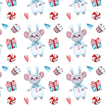 christmas pattern of mice, gifts and sweets
