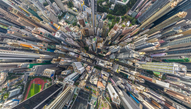 Aerial view above Hong Kong downtown.