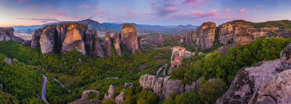 Aerial image of Met&Egrave;ora monasteries during sunset, Greece.