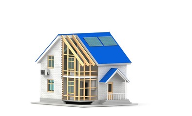 3d illustration of  house construction over white background. Home constructing building theme.