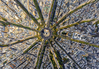 Aerial view above the arc de Triomphe, Paris, France.