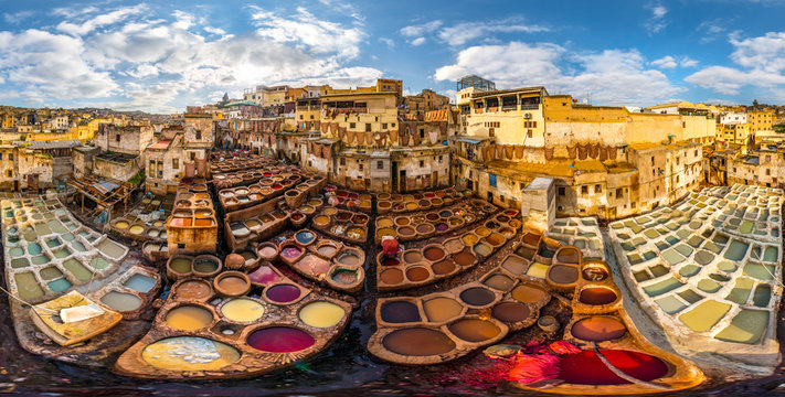 Aerial view of traditional Chouara tannery installation at Fes, Morocco.
