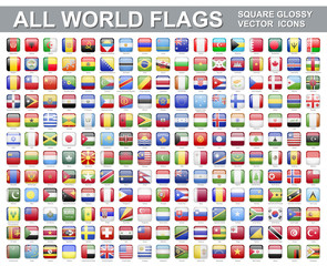 All world flags - vector set of square icons. Flags of all countries and continents
