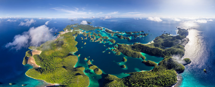 Panoramic aerial view of Wajag Island at Raja Ampat, Indonesia