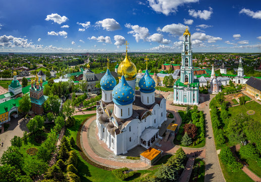 Aerial view of Dormition Cathedral at Sergiyev Posad, Russia