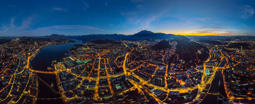 Aerial View Of Lucerne Cityscape During The Night, Switzerland