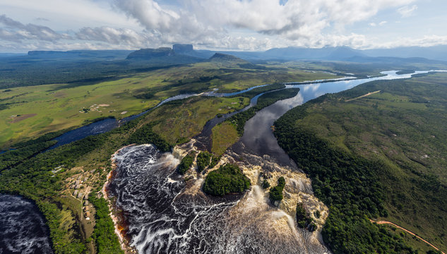 Aerial view above of Hacha Waterfall, Venezuela