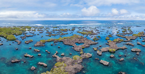 Aerial view of island archipelagos at Galapagos.