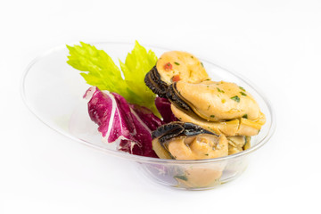 Mini snacks for buffet and banquet in a plastic bowl on a white background.