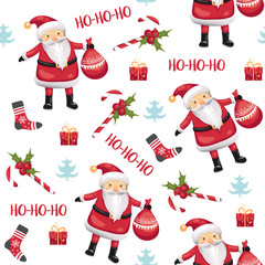 Materiał do szycia Christmas seamless pattern with Santa Claus, candies, socks, mistletoe, christmas tree and gifts on white background. Vector illustration