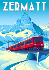 Zermatt Travel Poster with railway train in first plan and Matterhorn in the background. © alaver
