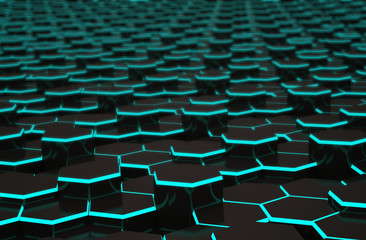 Fototapeta premium Abstract black hexagon background with blue line. Colored hi-tech futuristic geometric pattern