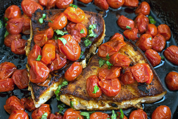 Sicilian Swordfish with Spicy Olive Oil Poached Tomatoes