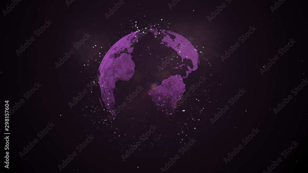 Poster map of flight routes airplanes network over our planet on space background.