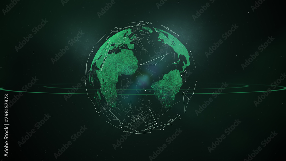 Poster planet earth in outer space. imaginary view of green glowing earth orbit in a star field.