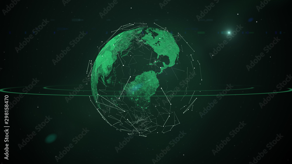 Poster illustration of a futuristic sci-fi space landscape background with planet in blockchain patterns.
