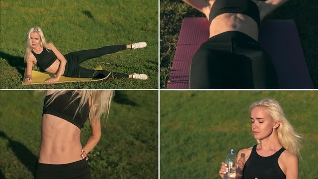 The collage of beautiful slim woman doing stretching gymnastics at the gym. Fitness, stretching, pilates girl gym concepts multi screen camera
