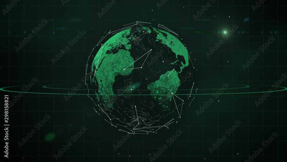 Poster illustration of a futuristic sci-fi space landscape background with planet in blockchain patterns.
