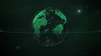 Illustration of a futuristic sci-fi space landscape background with planet in blockchain patterns.