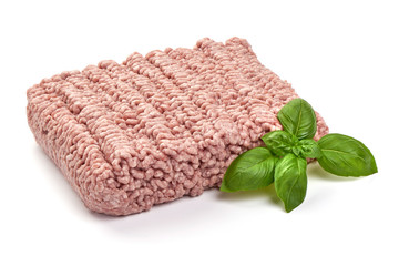 Raw minced pork meat, isolated on white background