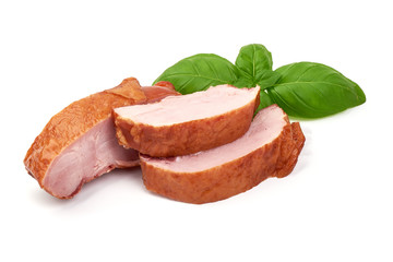 Sliced Smoked Chicken thighs, isolated on white background