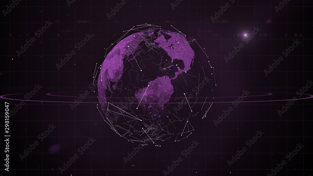 Poster illustration of a futuristic sci-fi space landscape background with planet in blockchain patterns.