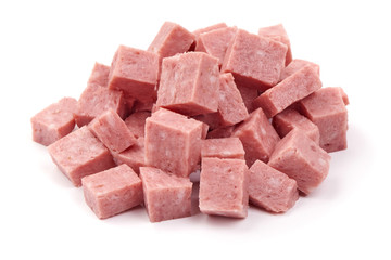 Salami sausage slices, cut by cubes, isolated on white background