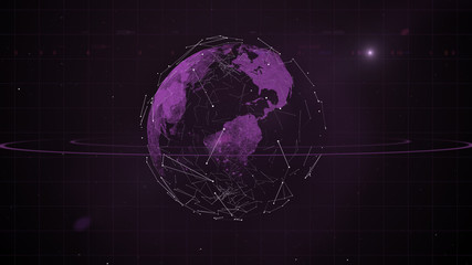 Illustration of a futuristic sci-fi space landscape background with planet in blockchain patterns.