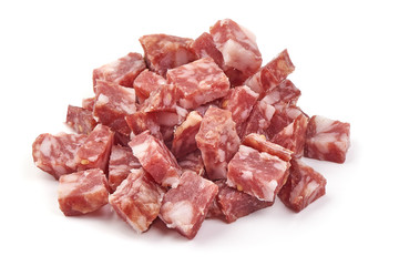 Smoked sausage slices, cut by cubes, isolated on white background