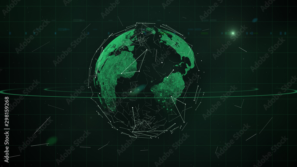 Poster blockchain network - abstract connected dots on bright green planet in space.
