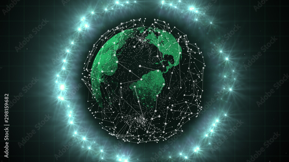 Poster earth polygon mesh planet floating in dark space surrounded by abstract bright lights circle.