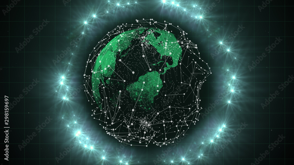 Poster secure global financial network and lights circle surrounding virtual planet.
