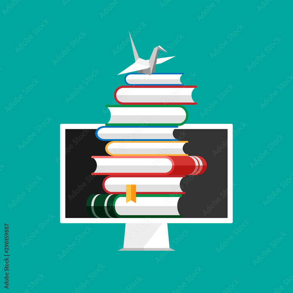 Poster set of book icons in flat style on computer screen. online education concept. vector heap of books w
