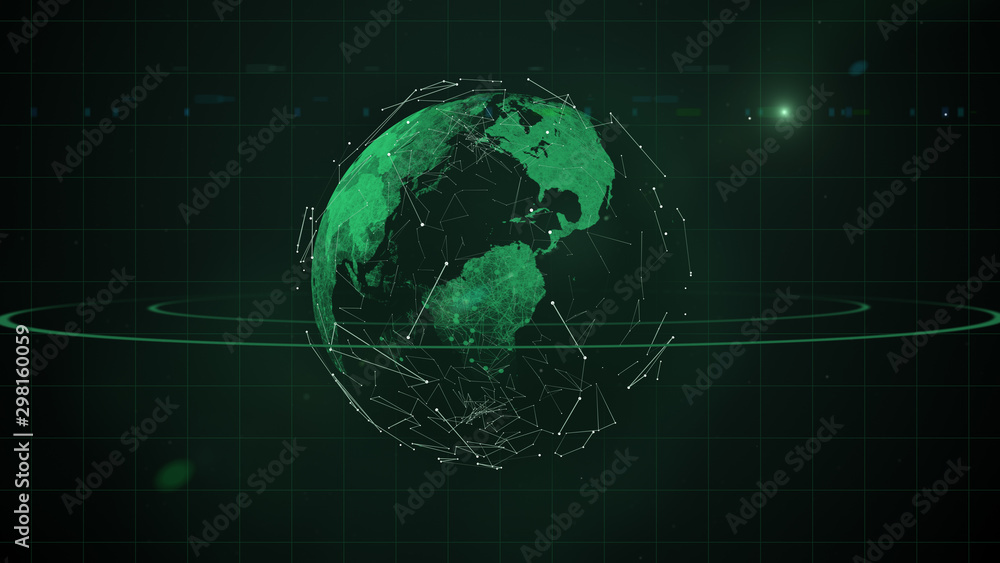 Poster secure global financial network surrounding virtual planet.