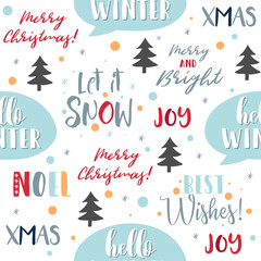 Obraz premium Merry Christmas seamless pattern background with calligraphy, lettering, snowflakes, christmas tree. Wrapping paper, textile, wallpaper design. Vector illustration. Eps 10