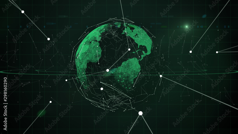 Poster rotation of glossy planet with glowing particles flying around it in the space.