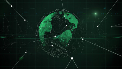 Rotation of glossy planet with glowing particles flying around it in the space.