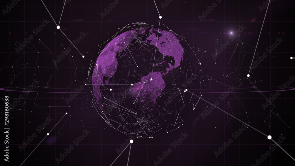 Poster blockchain network - abstract connected dots on bright purple planet in space, with orbit of geometr
