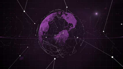 Blockchain network - Abstract connected dots on bright purple planet in space, with orbit of geometric particles floating around it.