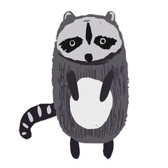 Cute childish hand drawn striped gray and black raccoon illustration isolated on white background. Kids sketchy forest coon character for print design, stickers, background decoration