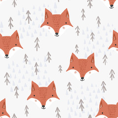 Cute seamless pattern with cartoon orange fox heads, brown fir trees and light mountains. Funny hand drawn foxes texture for kids design, wallpaper, textile, wrapping paper