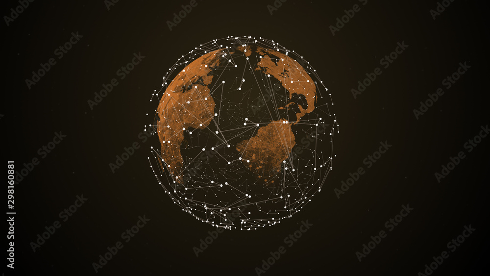 Poster digital shining globe rotating with glowing particles connections surrounding it.