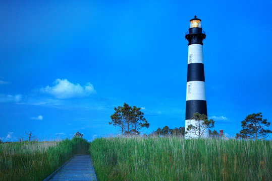 Bodi Island Lighthouse at sunset in North Carolina, USA