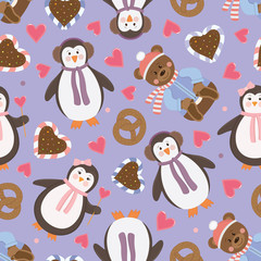 Vector funny holiday seamless pattern with penguins, bear and sweets