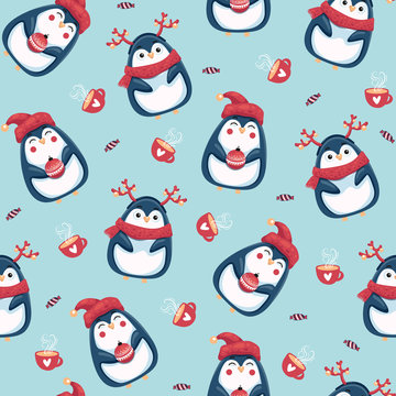 Merry Christmas seamless pattern with penguins on background, vector illustration