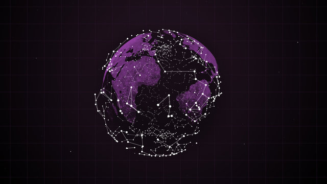 Digital shining globe rotating with glowing particles connections surrounding it.