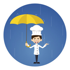 Chef Cartoon Standing in Rain with Umbrella