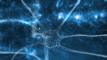 Abstract blue coloured neuron cell in the brain on artistic blurry cyber space background. Selective focus used. - Powered by Adobe