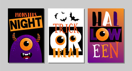 Vector illustrations with black monster. Halloween poster designs with symbols and calligraphy. Funny halloween cards set