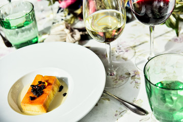 An exquisite sweet cake served as dessert at a gourmet gala meal